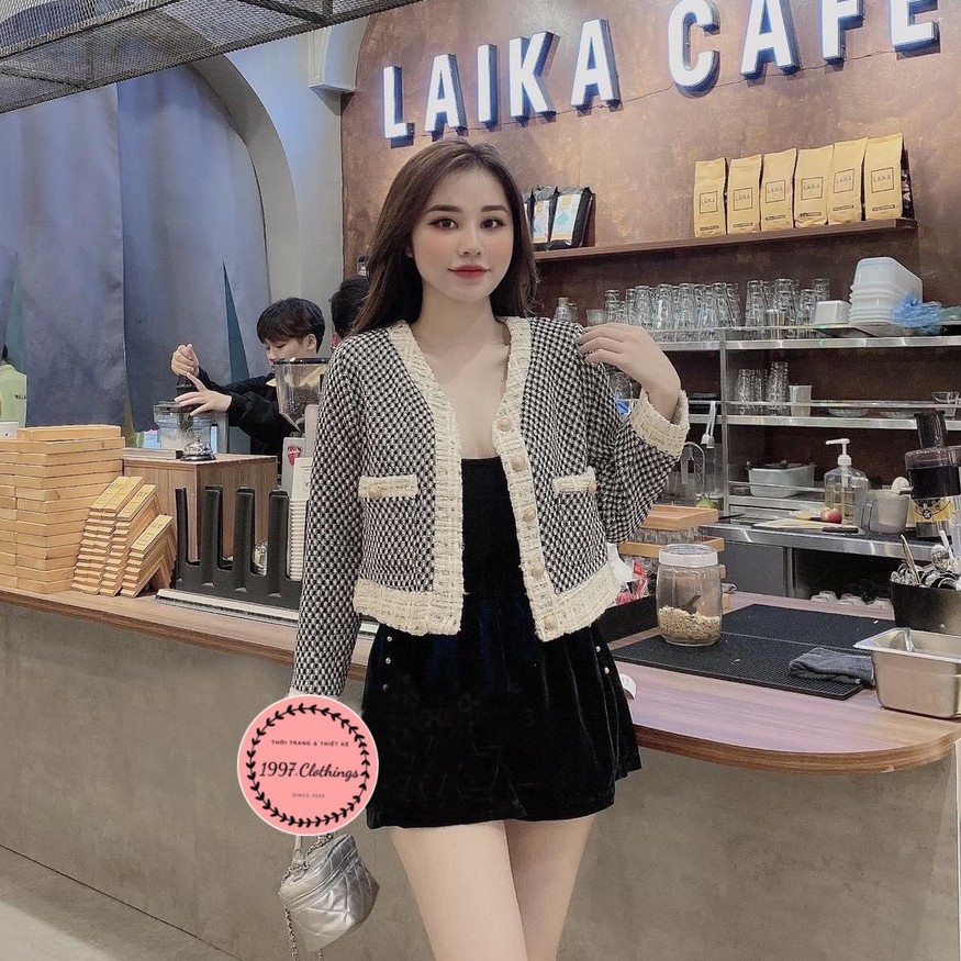 Áo khoác cho nữ blazer dạ tweed phối cúc đồng mềm mịn Mẫu mới 2022