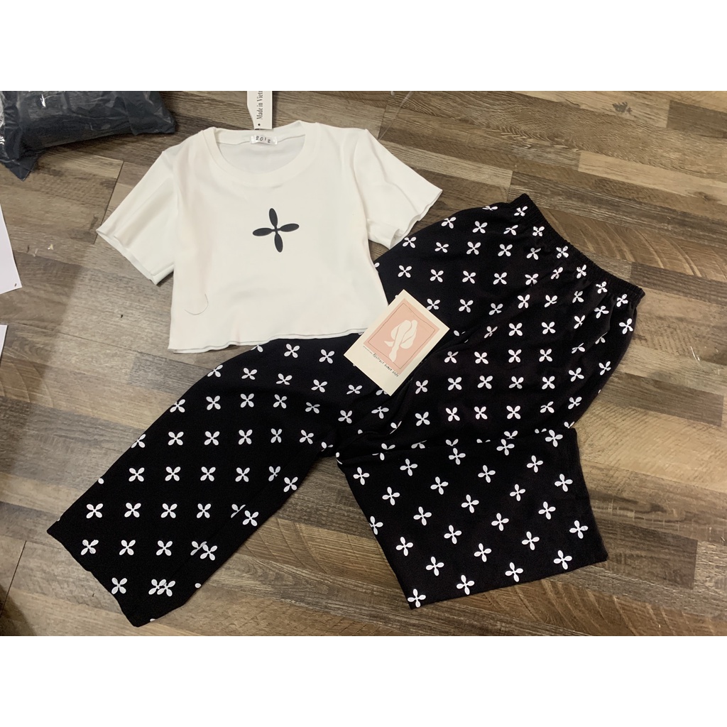 Set quần dài áo họa tiết hoa nữ ⚡ Casper.Store | FREESHIP | ⚡ combo áo croptop cộc tay cổ tròn kèm quần suông rộng