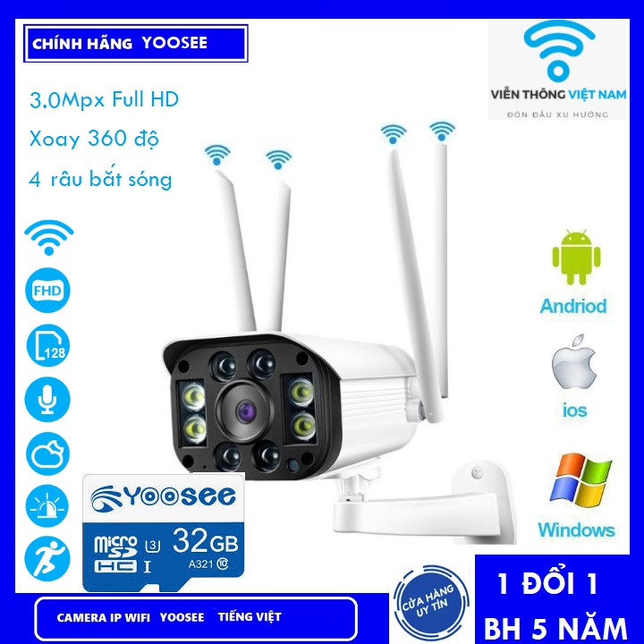 Combo Camera Yoosee ngoài trời 4 Râu 8 Led 3.0Mpx Full HD Chuẩn 1296pixel Thẻ nhớ 32GB Yoosee Chuyên Dụng