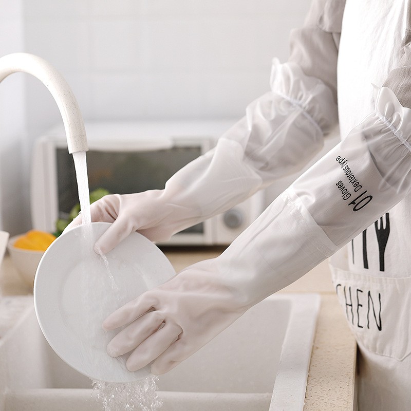 Găng tay rửa chén bát, dọn dẹp màu trắng siêu dai dáng dài có lót nỉ và bo chun chống tuột
