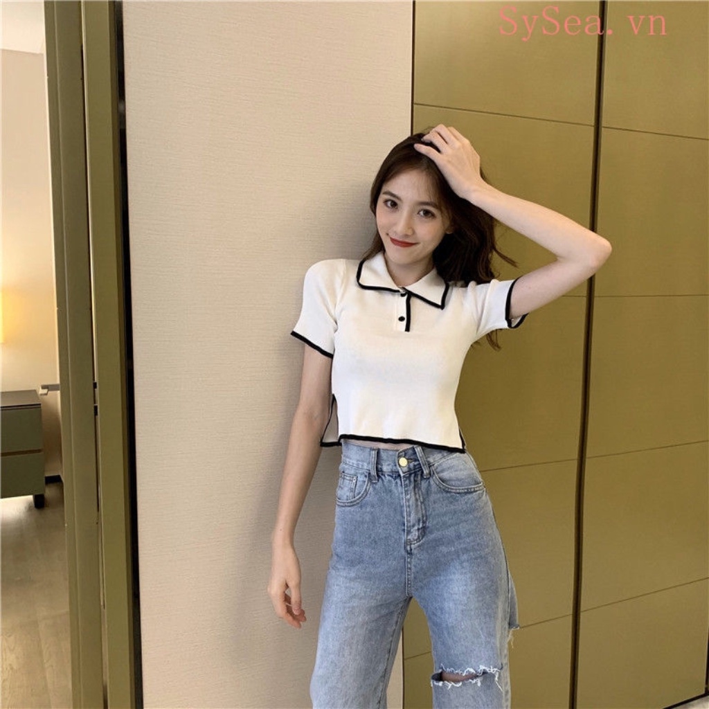 Áo croptop tay ngắn cổ polo phối viền , áo thun nữ cổ bẻ xẻ tà hông