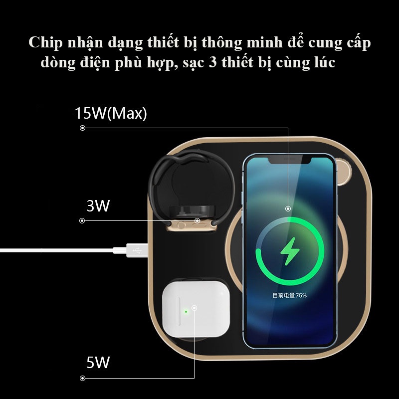 Đèn học kiêm đế sạc không dây dành cho điện thoại đồng hồ và tai nghe hỗ trợ sạc không dây, đèn bàn học kiêm sạc đa năng