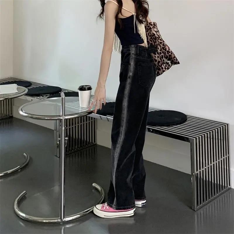 Quần Jean Ống Rộng Màu Đen Lưng Cao Họa Tiết Kẻ Sọc Phong Cách Hàn Quốc Thời Trang Cho Nữ