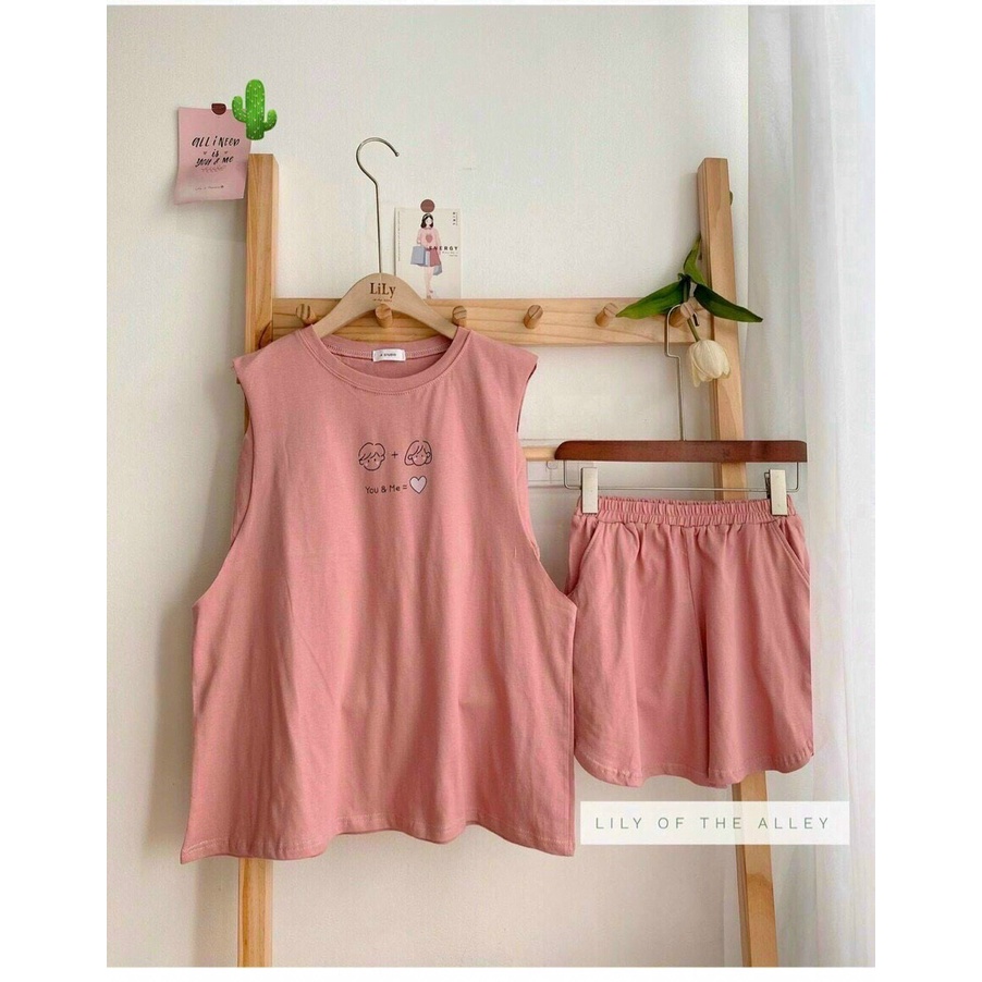 set bộ 3 món in cặp đôi  cá tính cho bạn gái áo tanktop, áo ống, quần có túi
