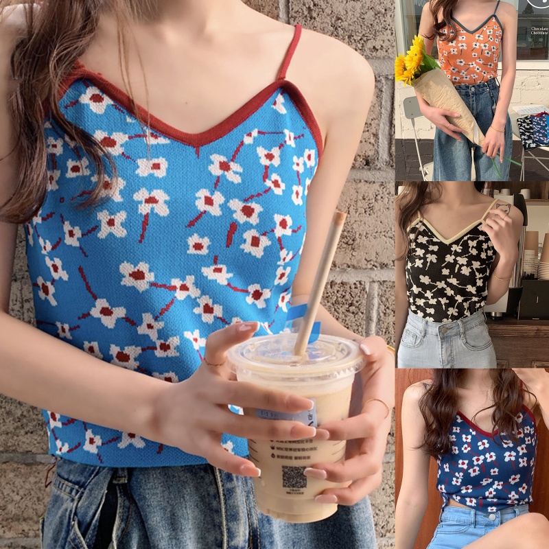 Áo Croptop Dệt Kim Hai Dây Cổ Chữ V In Họa Tiết Hoa Nhiều Màu Sắc Phong Cách Vintage Quyến Rũ Thời Trang Cho Nữ