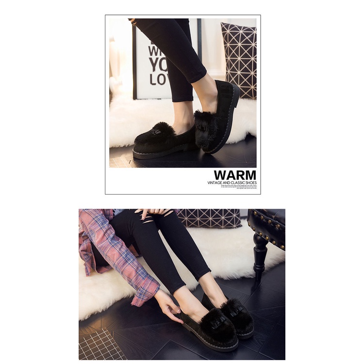 Giày Lười Đế Bằng Lót Bông Giữ Ấm Chống Trượt Phong Cách Hàn Quốc Thời Trang Thu Đông Cho Nữ