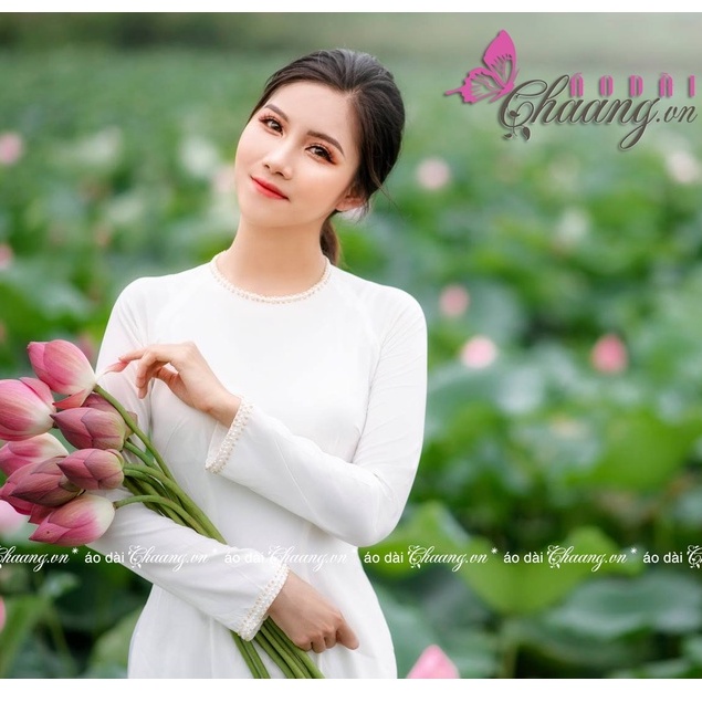 Áo dài lụa Tây Thi cổ tròn Chaang May sẵn áo dài thiết kê truyền thống đính hạt ngọc cổ tay