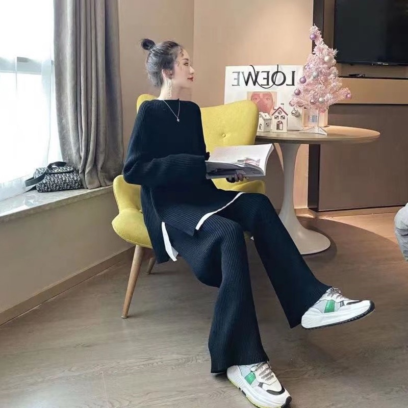 Set Áo Len Dài Tay + Quần Dài Ống Rộng Thời Trang Nữ