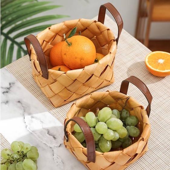 Giỏ Đựng Trái Cây / Bánh Mì / Rau Củ handmade Bằng Gỗ Có Tay Cầm Bằng Gỗ Sáng Tạo Dùng Khi Đi