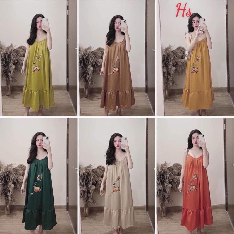 Váy đũi xoè 2 dây thêu hoa đuôi cá bầu bí mặc ok