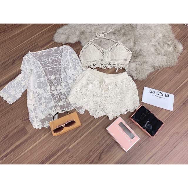 Set biển mới - set 3 món - áo bra kiểu giọt lệ + quần ren hoa + choàng ren hoa nhỏ