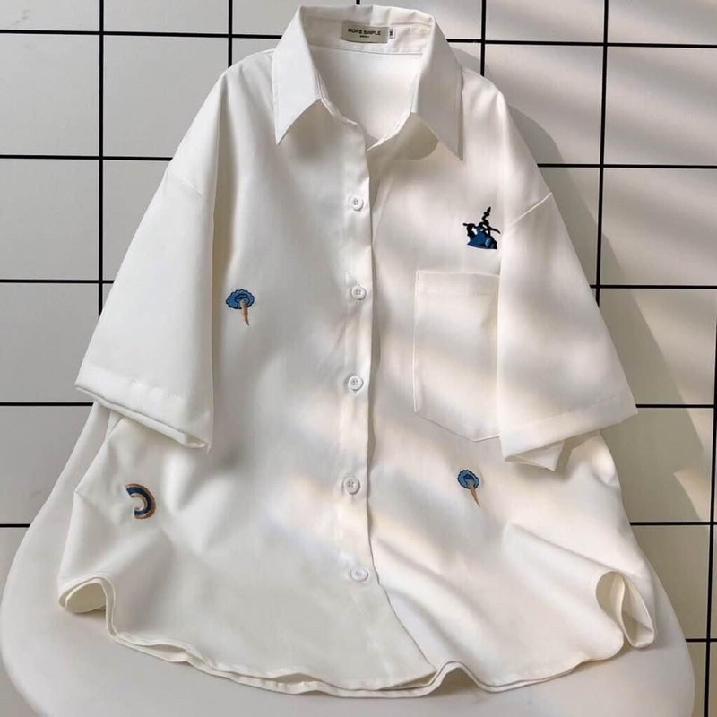 [VIDEO ẢNH THẬT SHOP QUAY] Áo Sơ Mi Tay Lỡ Unisex Form Rộng Nam Nữ Ulzzang Hình Thêu Chất Co Dãn Thoải Mái