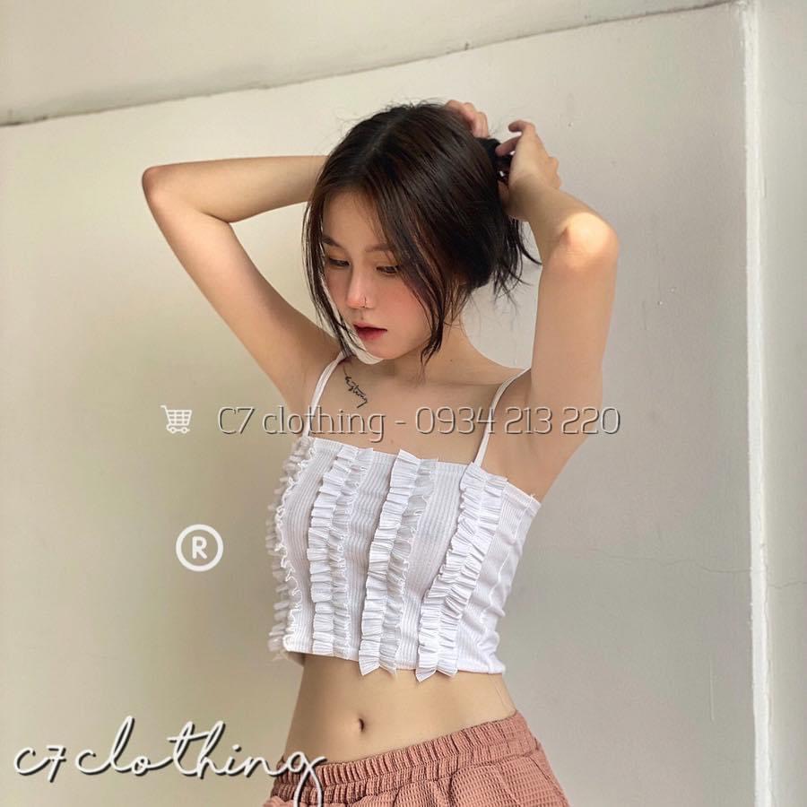(freeship-ảnh thật) Áo kiểu 2 dây croptop viền bèo đứng cực xinh , chất thun gân mềm mịn