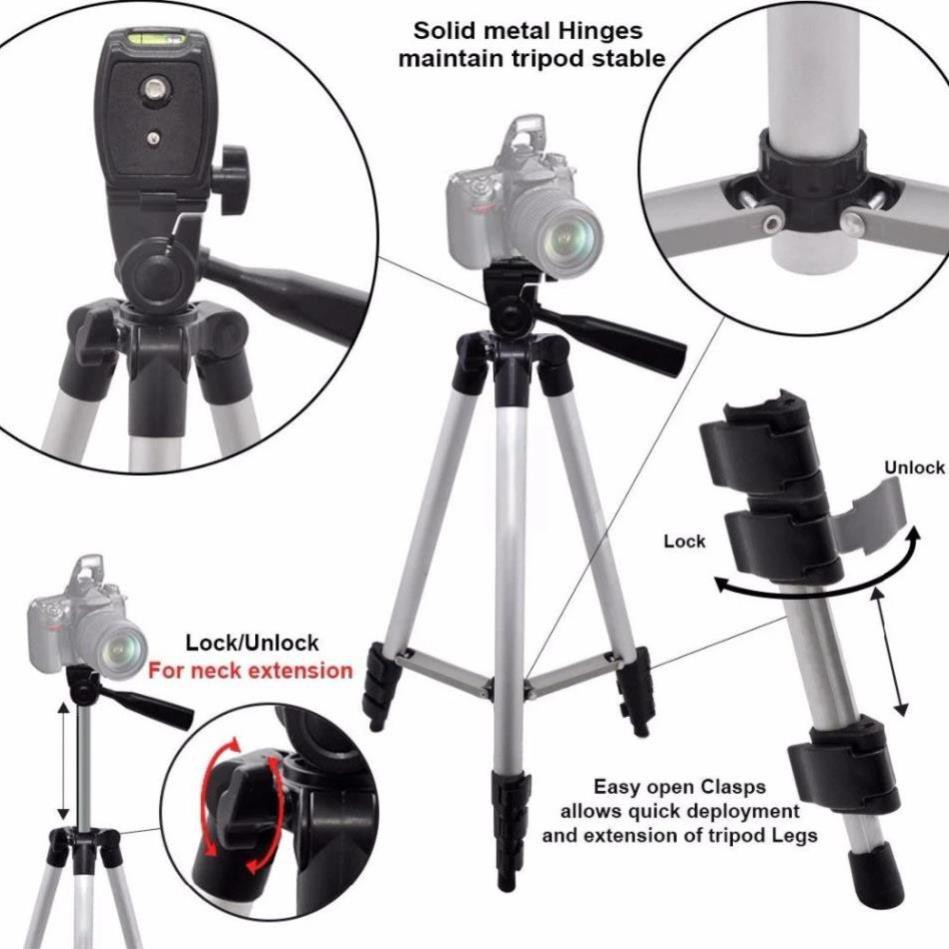Gậy 3 Chân Tripod 3110 - TF-3120 Chụp Ảnh Selfie Tự Sướng Khung Nhôm Chắc Chắn ( Remote Shutter + Đèn Trợ Sáng)