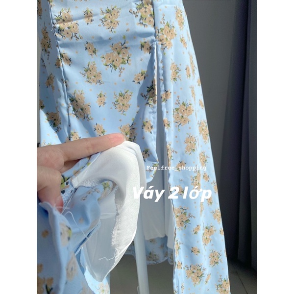 (Ảnh thật) Đầm Váy Xanh Feelfree Cổ Vuông Dáng Dài 2 Lớp Xẻ Tà Mặc Đi Chơi Đi Tiệc D3083 bn