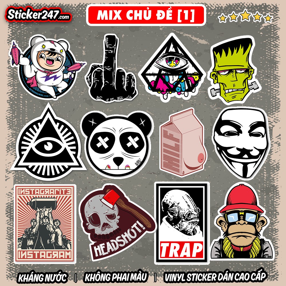 Sticker dán mũ bảo hiểm 𝑭𝒓𝒆𝒆𝒔𝒉𝒊𝒑 Retro Vintage Mix III chống nước hình dán xe, vali, đàn, laptop, ván trượt, ipad