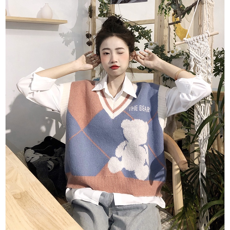 Áo dệt kim không tay họa tiết gấu xinh xắn theo phong cách retro hàn quốc