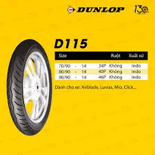 Vỏ xe máy Dunlop D115 80/90-14 MC 40P TL