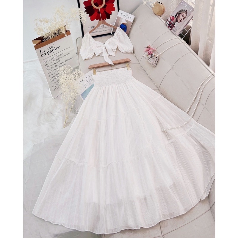 Set maxi đi biển nhún bèo xoè 3 món: áo phồng + váy tầng + dây buộc