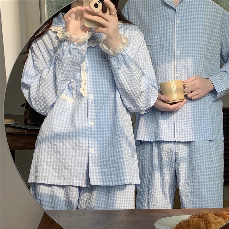 Bn28_ Bộ ngủ đôi nam nữ, pijama họa tiết kẻ sọc xanh pastel chất cotton cao cấp