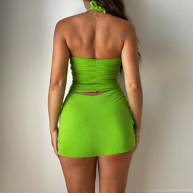 Bộ Áo Tank Top Hở Lưng + Chân Váy Lưng Cao Màu Trơn Thời Trang Cho Nữ