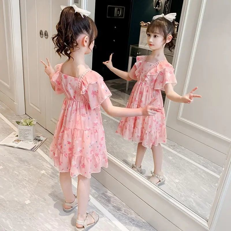Đầm công chúa vải chiffon tay ngắn in hoa thời trang mùa hè 2021 cho bé gái