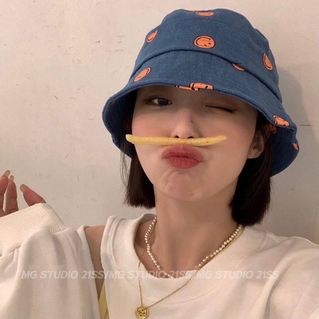 Mũ Tai Bèo MG STUDIO Chất Liệu Denim Họa Tiết Hình Mặt Cười