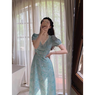 Đầm váy nữ vải lụa hoa nhí dáng dài tay ngắn phồng hai kiểu thắt eo cổ viền ren tiểu thư màu xanh cốm