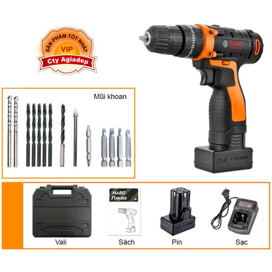 Máy bắt vít, Máy khoan siêu xịn 2 Pin sạc 25W Đa tốc độ mạnh mẽ + Vali nhiều phụ kiện
