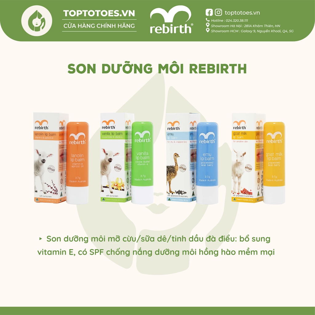 Son dưỡng môi chống nắng Rebirth dưỡng môi mềm mại, hồng hào, có SPF ngừa thâm môi
