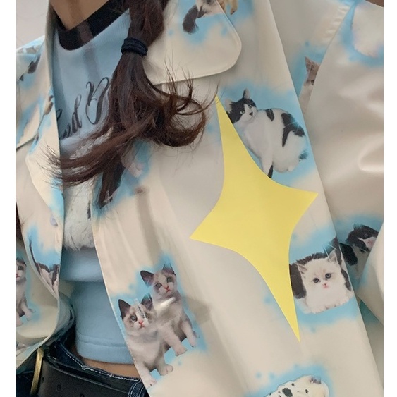 Áo Sơ Mi Ngắn Tay In Họa Tiết Mèo Và Ngôi Sao Sáng Tạo Thời Trang Cho Nữ