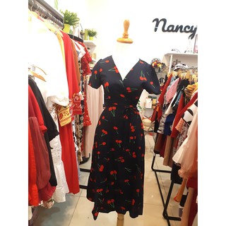 Đầm maxi họa tiết cherry đắp chéo [KÈM ẢNH THẬT]