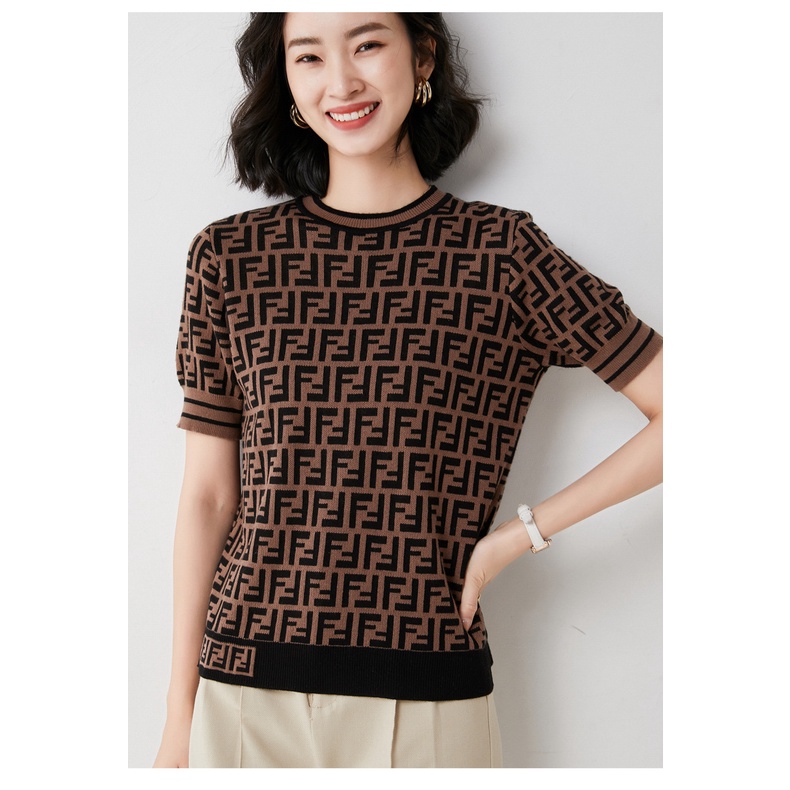 Áo Thun Dệt Kim Tay Ngắn Cổ Tròn Họa Tiết Kẻ Sọc Phong Cách Retro Thời Trang Mùa Hè Cho Nữ