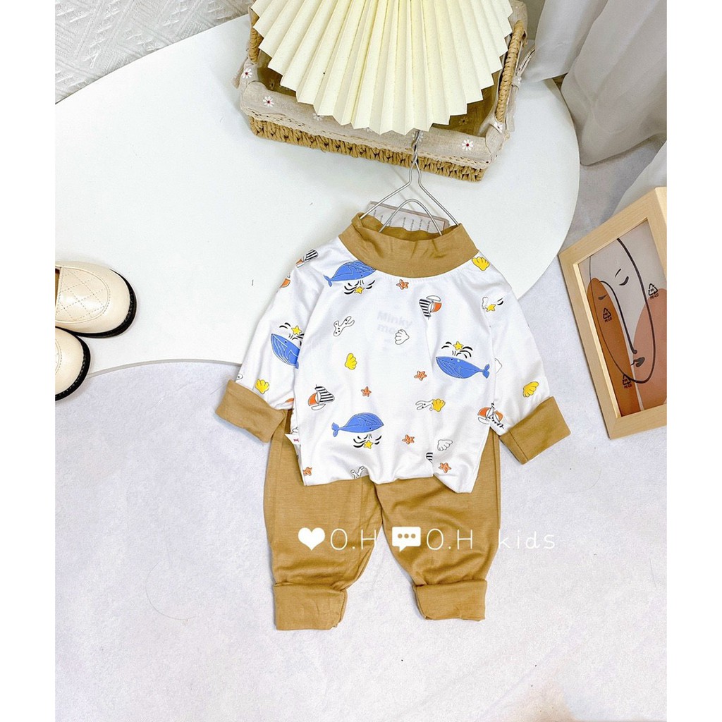 Sale! Bộ dài tay thun lạnh hàng Minky mom chính hãng áo hoạ tiết quần trơn cổ 3cm đáng yêu cho bé (DT21)