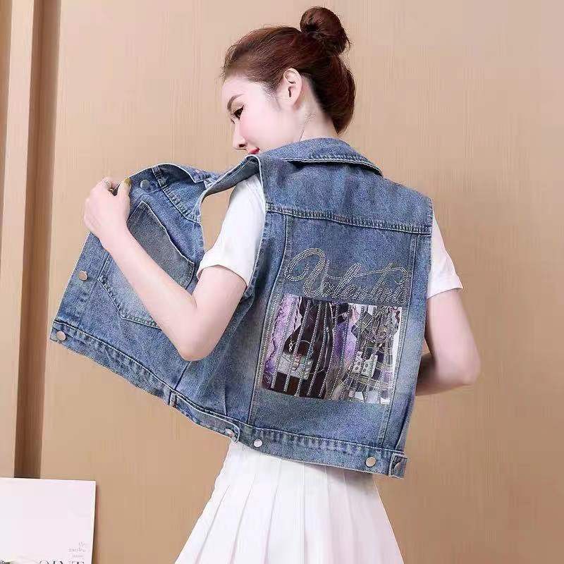 Áo khoác denim không tay đính kim cương giả 2021 ves2021 LAMUSELAND cho nữ