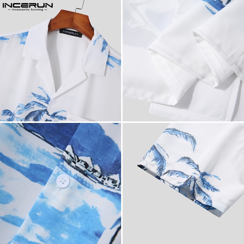 INCERUN Áo Sơ Mi Ngắn Tay In Họa Tiết Thời Trang Đi Biển Mùa Hè Cho Nam