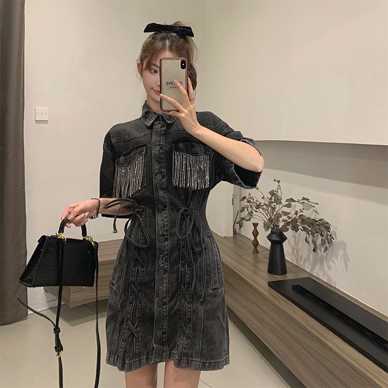 French style black denim skirt tasted waist a word polo dress summer 2022 new style