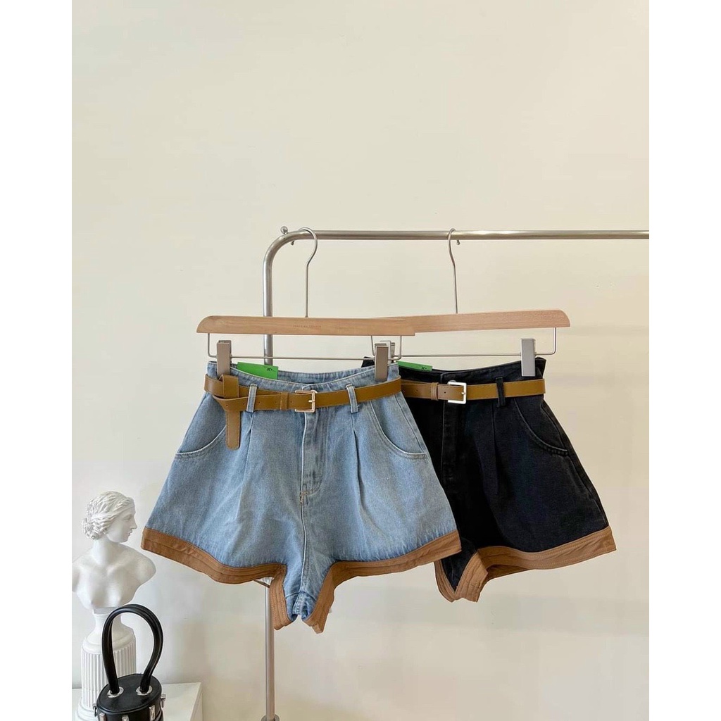 Quần đùi jean nữ denim hot ống xoè viền màu ko kèm nịt nhe