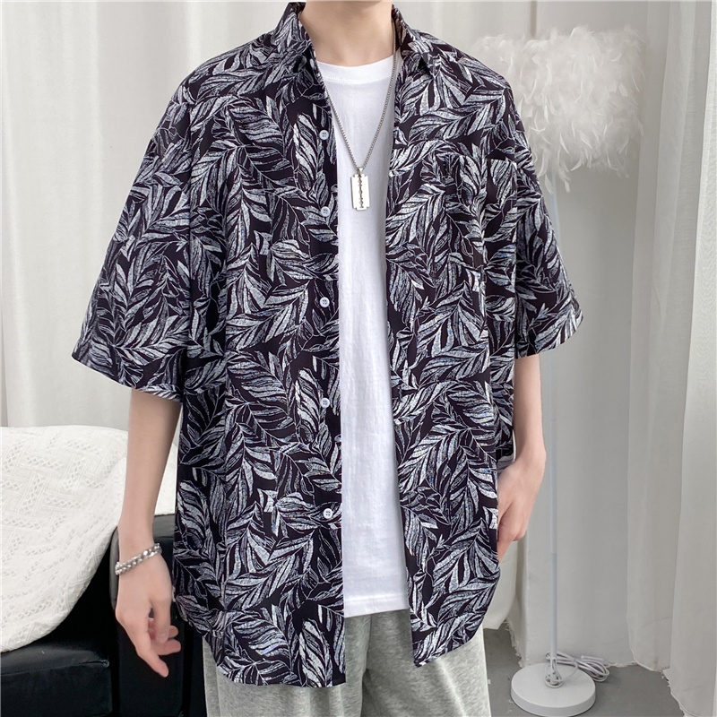Short Sleeve Loose Shirt With Leaf Pattern Korean Style Summer 2022 Men's Fashion