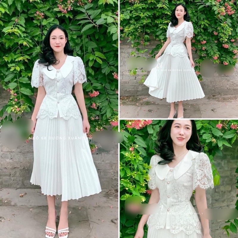 V8-Set Áo Pelum Trắng Cổ Ren viền + Chân Váy Midi Dập Ly