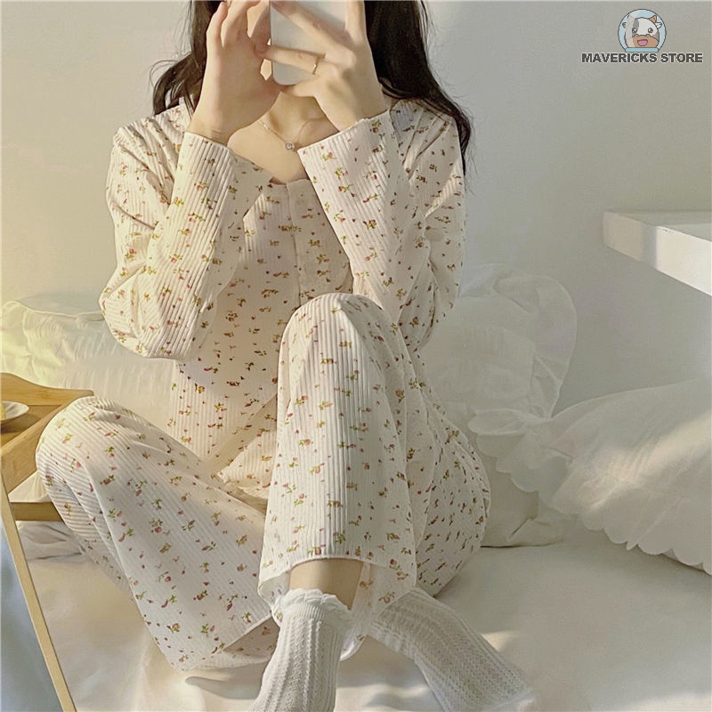 Bộ đồ ngủ tay dài in họa tiết hoa phong cách Hàn Quốc thời trang xuân thu cho nữ