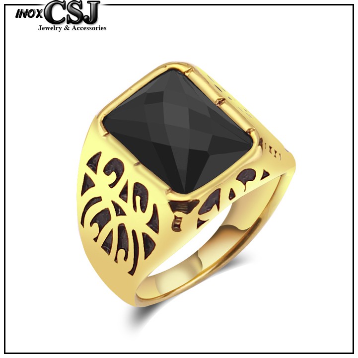 NHẪN NAM INOX MẠ VÀNG ĐÁ ĐEN THỜI CAO CẤP SANG TRỌNG - tặng hộp đựng xinh xắn