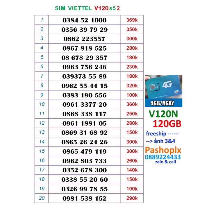 Sim v120N 10 số 4g viettel 2 (120Gb nghe gọi miễn phỉ chỉ 120k mỗi tháng).