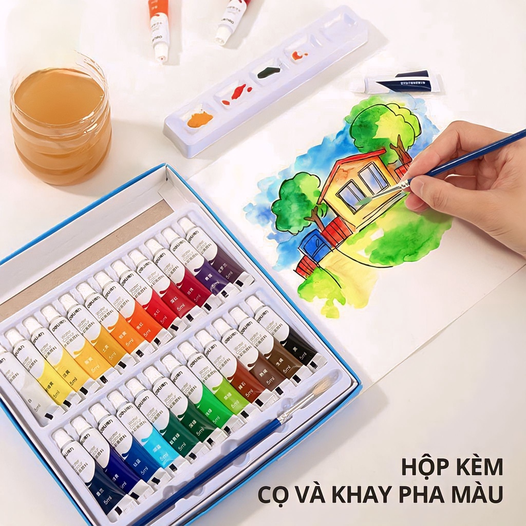 Màu nước dạng tuýp chuyên nghiệp Deli - Tặng kèm cọ vẽ tranh và khay pha màu - Bộ 12 màu / 24 màu MNC245