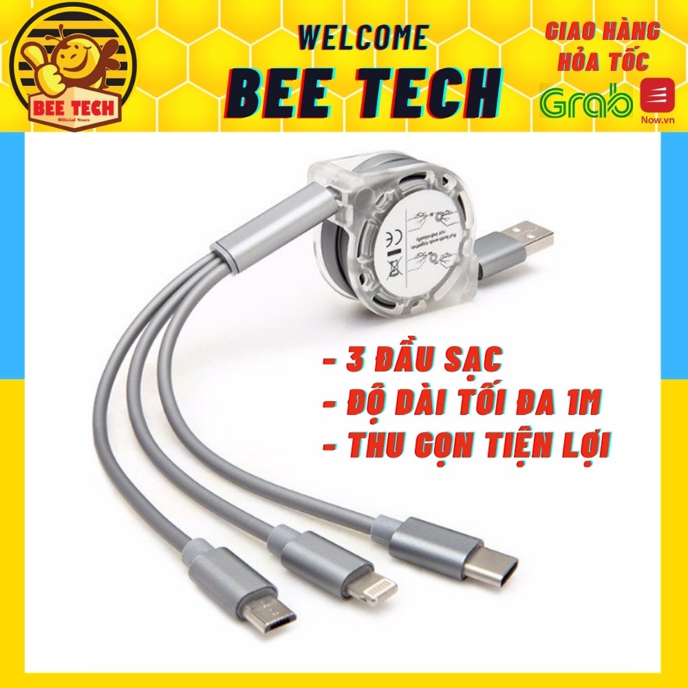 Dây sạc 3 đầu, cáp sạc có dây rút tiện lợi cho điện thoại - Beetech