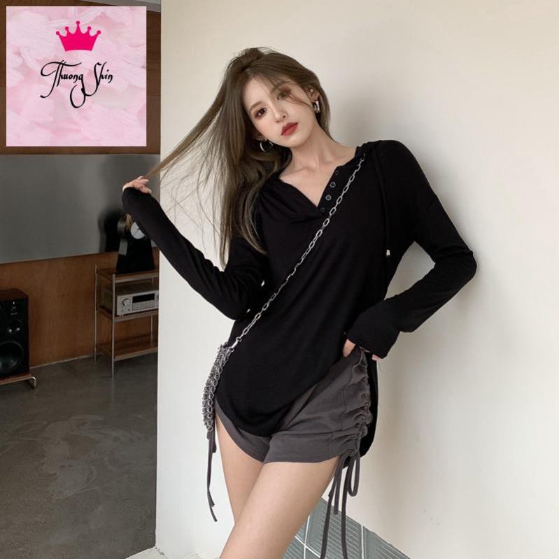 (ORDER) Áo thun dài tay mùa thu mỏng nhẹ có mũ rút dây style thể thao năng động