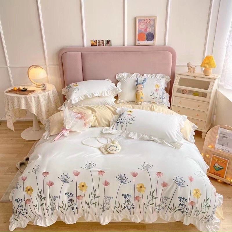 Bộ chăn ga gối cotton bèo ren mềm mại đáng yêu,bộ 4 món chất vải cotton mềm mịn cực kì thoáng mát MỚI
