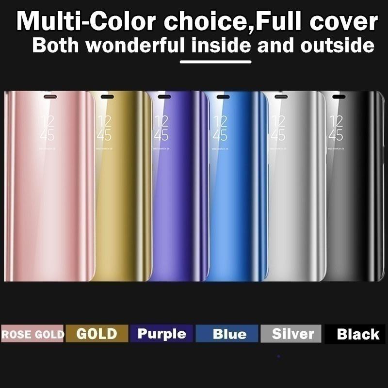 Samsung Galaxy Note 10 Plus S7 Edge A8 Plus A5 A20S A10S Luxury Mirror Surface Smart Case Slim Clear View Mirror Flip Leather Stand Protective Back Cover Casing