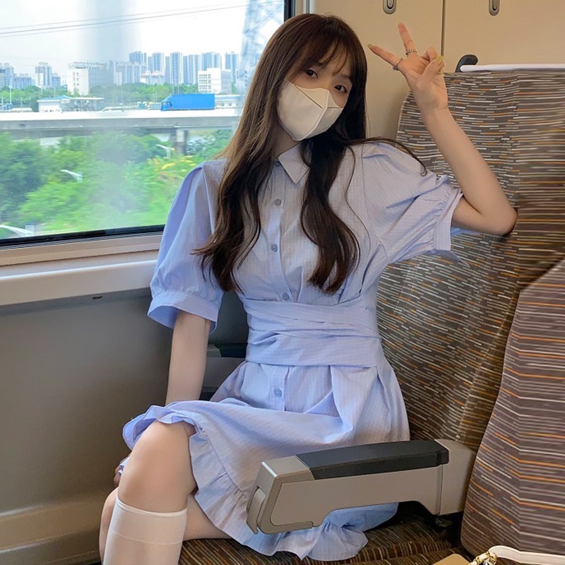 Đầm Sơ Mi Tay Phồng Dáng Xòe Họa Tiết Sọc Caro - Váy Nữ Thắt Eo Mùa Hè Con Đỏng Đảnh VD070