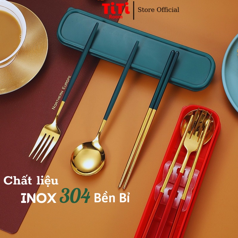 Bộ thìa đũa muỗng dĩa inox 304 mạ vàng cán dài cao cấp sang chảnh Dụng cụ cá nhân ăn cơm văn phòng dã ngoại titiroom